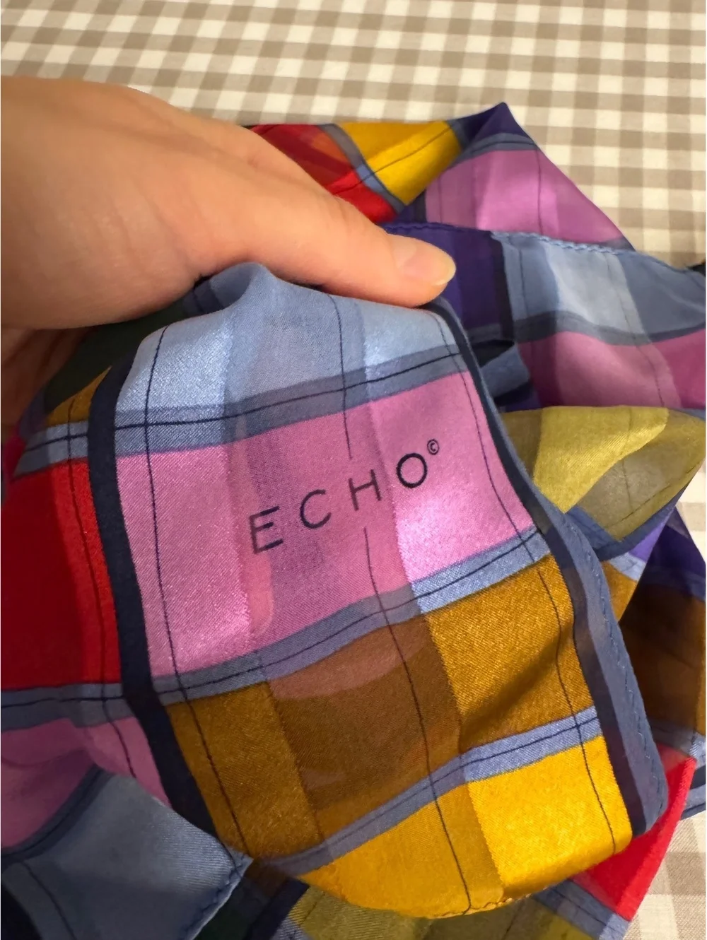 Vintage Echo 100% Silk Multicolor Plaid Long Scarf 60” x 10.5”